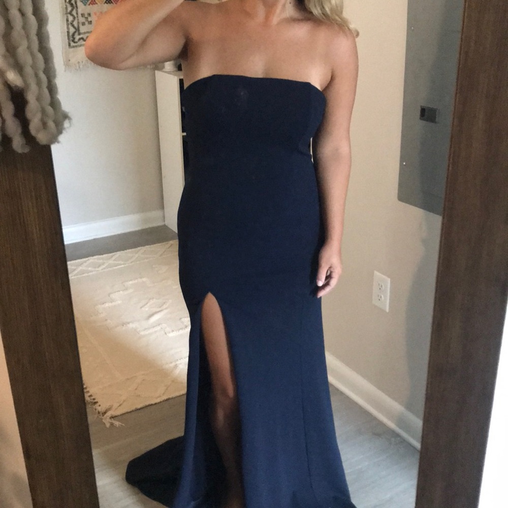 BHLDN Navy Strapless Slit Evening Gown